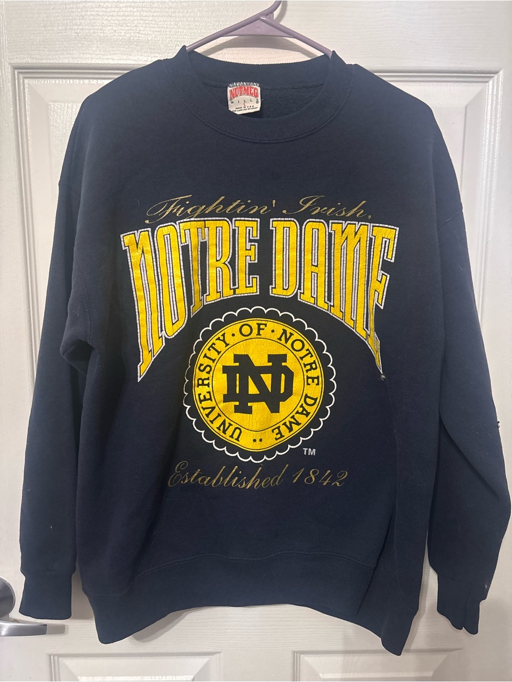 True Vintage Nutmeg Mills Notre Dame Fighting Irish Navy Crewneck Sweatshirt